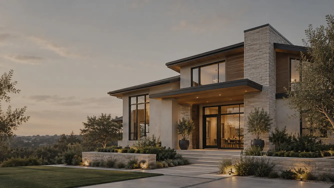 Detail of a modern residence exterior, wood siding and glass at dusk