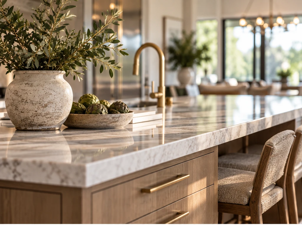 Close-up of a warm modern kitchen island with stone countertop, wood cabinetry, brass accents, and natural greenery